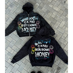 Venta al por mayor personalizado Zip up Pullover Impreso Sharp Hood Hoodie Rhinestone Acid Washed Color Hoodie Full Rhinestones Hoodie - Product Image 1