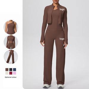 Conjunto Deportivo de Tres Piezas para Mujer, Color Sólido, Top Halter Ajustado, Pantalones Largos Anchos, para Correr, Fitness, Yoga - Product Image 5