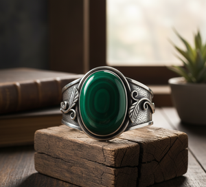 Hecho a mano Natural malaquita cabujón 925 plata esterlina oro rosa 14K oro bohemio hombres brazalete ajustable tamaño abierto - Product Image 4