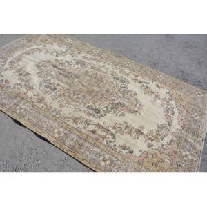 Classic Beige Vintage Turkish Rug 5.2 X 9.1 ft Handmade Patchwork Design Wool Viscose Rectangular Shape for Living Latex - Product Image 4