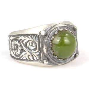 Anillo de Plata de Ley 925 para Hombre con Piedra de Ámbar Verde Prensado, Diseño de Pluma Hecho a Mano, Uso Diario, Turquesa, Rodio, Certificado IGI - Product Image 2