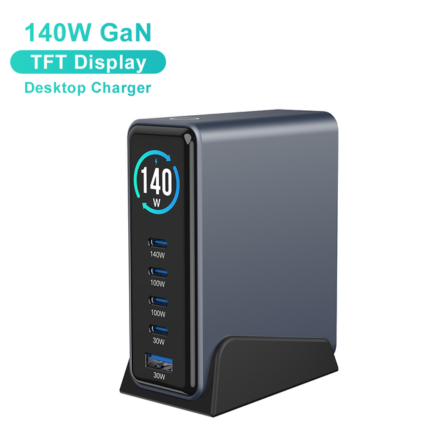 3-in-1 Display 140W GaN Charger Fast Charger USB-C 5-Ports Laptop GaN PD 3.1Universal Charger for iPhone Samsung Tablet