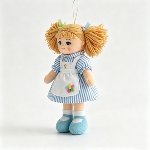 Poupée en tissu personnalisée à double queue de cheveux, ornement en peluche, poupée fille en tissu, mini poupée suspendue, poupée en chiffon à tablier rayé bleu - Product Image 3
