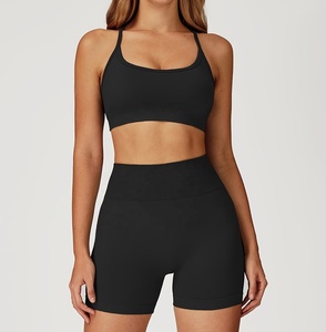 Conjunto de gimnasio sin logo: Top con tirantes, chaleco de entrenamiento, shorts fruncidos, traje deportivo halter, ropa de fitness, top corto racerback - Product Image 1