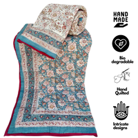 Selimut Katun Ramah Lingkungan Anti Alergi 300tc Cetak Blok India, Selimut Tempat Tidur Tunggal Bolak-Balik Buatan Tangan Motif Bunga