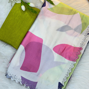 ผ้าส่าหรี่มีขอบประดับเพชรลายปักรหัสอย่างหนักจากนักออกแบบที่สวยงาม - Product Image 1