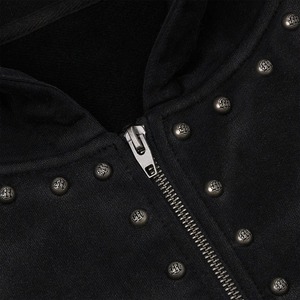Men's Black Hooded Sweatshirt Oversized French Terry Rhinestone Detail Casual Streetwear <b>Zip</b>-<b>Up</b> <b>Jacket</b> - Product Image 4