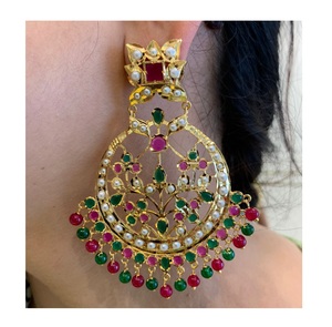 Pendientes de araña Chandbali chapados en oro de alta calidad en estilo étnico Jadau, joyería de latón para bodas, fiestas, regalos - Product Image 1