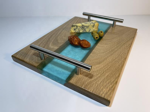 ถาดเสิร์ฟไม้กระถินเทศและเรซิ่นอีพ็อกซี่ทรงกลม งานแฮนด์เมด พร้อมหูจับโลหะทั้งสองด้าน ขายส่ง งานฝีมือซานิยา - Product Image 3