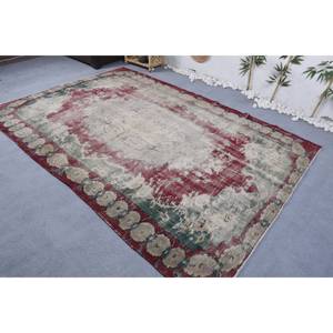 Tapis vintage en laine rouge et verte, écologique, avec dos en latex, poils moyens, patchwork, grande surface, motif rectangulaire, salle à manger - 6x9 pieds - Product Image 2