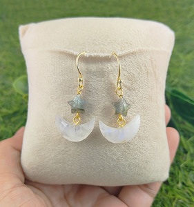 Labradorite Moonstone <b>Star</b> Moon Shape Gemstone Sterling Silver Gold Plated Birthstone Dangling <b>Hoop</b> <b>Earrings</b> Christmas Jewelry - Product Image 1