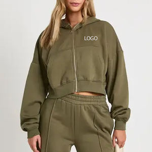 Fabricante de Sudaderas de Color Sólido / Diseño con Cierre de Cremallera para Mujer, Suministro al por Mayor, Mangas Completas, Logotipo Personalizable, Diseño de Sudadera Corta - Product Image 1