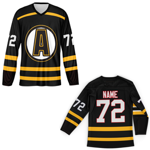 Maillot de hockey blanc, noir et jaune, personnalisé, sublimé, grand logo, uniforme d'équipe, col en V, manches longues, nom et numéro de joueur personnalisés - Product Image 5
