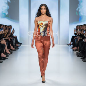 Corset amincissant de mode en satin bronze à imprimé ange, avec baleines en acier et coupe overbust |   Corset de luxe de créateur par Cosh International - Product Image 3