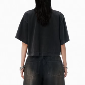 Coton délavé à l'acide pour femmes recadrée pour Polo motif solide respirant Style tricoté décontracté noir Design surdimensionné - Product Image 3