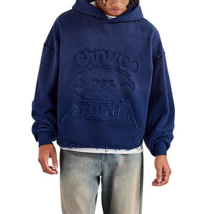 Sudadera con Capucha Extra Grande de Alta Calidad, Estilo Holgado, Lavada, con Letras Bordadas, Borde Crudo, Azul Marino, para Hombre - Product Image 1