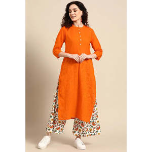 ชุดคุรตะผ้าฝ้ายทรงตรงสีส้มสำหรับผู้หญิง แขนสามส่วน สำหรับฤดูใบไม้ผลิ/ฤดูร้อน - Product Image 1