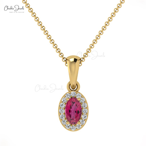 Venta al por mayor 14K oro real diamante 5x3mm forma ovalada auténtica turmalina Rosa piedra preciosa colgante collar perla oro sólido Hal - Product Image 1