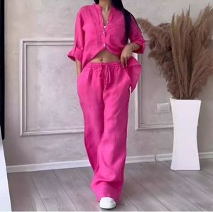 Ensemble décontracté femme 2026 : Haut tricoté sans col à manches courtes couleur unie et pantalon large à cordon de serrage au-dessus du genou - Product Image 1