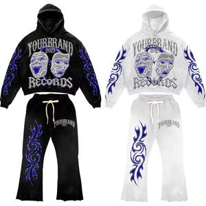 Ensemble deux pièces unisexe streetwear mode hip-hop à capuche brodé délavé à l'acide avec logo personnalisé en polyester/coton à manches courtes - Product Image 1