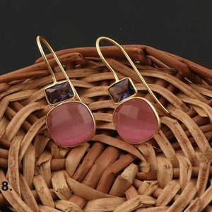 Elegant 18kt Gold Plated Brass Drop <b>Dangle</b> <b>Earrings</b> Men's Two Stone Party Wear Statement Blue Jade Ruby Quartz Trendy Style - Product Image 2