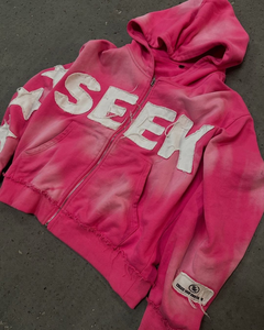 Conjunto de Sudadera con Capucha y Pantalones Deportivos de Poliéster/Algodón con Lavado Ácido, Bordado, Pierna Ancha, Estilo Patchwork, Desgastado, para Invierno - Product Image 5