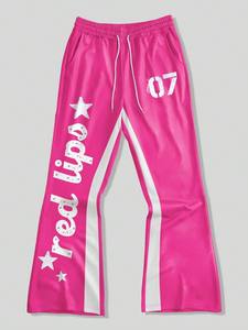 Camiseta con gráfico de labios rojos y joggers rosas Acampanados para chándal de calle de dos piezas sin diamantes de imitación personalizado Unisex - Product Image 4