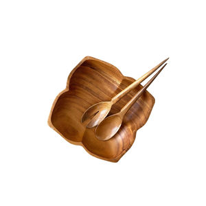 Juego de tazones para ensalada de madera Monkey Pod hechos a mano, con forma de hoja, con cuchara y tenedor a juego, utensilios de cocina modernos. - Product Image 1