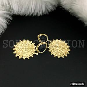 <b>Gold</b> Plated Carved <b>Black</b> Onyx Stone Twisted Wire Hammered Round Shape Drop and Dangle <b>Earrings</b> SKU6782 - Product Image 2