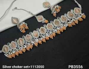 <b>Silver</b> Plated Beautiful Stunning CubicZircon <b>Crystal</b> Dangle Drop Choker Wedding <b>Necklace</b> Jewelry With Earring Mangtika for Women - Product Image 3