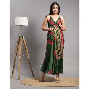 Maxi vestido de seda vintage con estampado de cintura elástica y tela lavable de diseño sin espalda para fiestas informales de verano en la playa - Product Image 2