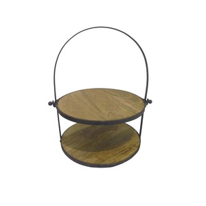 Support noir à gâteau en métal et bois à 2 niveaux de finition naturelle taille personnalisée forme ronde décoration de fêtes de mariage et d'anniversaire à la maison - Product Image 1