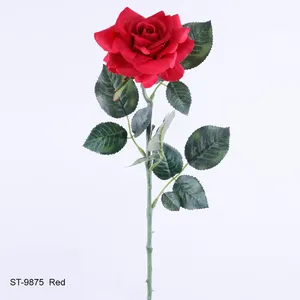 工厂环保多色永恒玫瑰配4套印花叶子65厘米织物装饰人造玫瑰