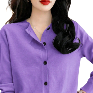 Purple Casual Women Knit Cardigan Crew Neck Button Front Long Sleeve Pullover Lightweight Autumn Winter <b>Layering</b> <b>Top</b> Sheer <b>Layer</b> - Product Image 4