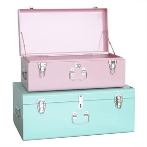 Coffre de rangement en métal rose et bleu clair, métallique avec accessoires de serrure argentés - Product Image 1