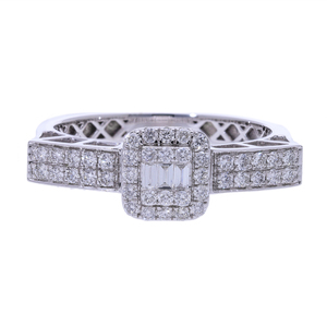 Bague pour femme en or 14 carats plaqué rhodium, diamant naturel classique, design halo carré, diamants baguette, magnifique bande pavée, 2,95 g - Product Image 1