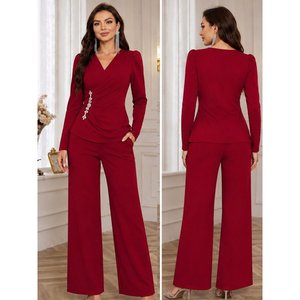 Ensemble deux pièces pour femme, chemisier en crêpe importé à col enveloppant et manches longues, avec embellissements latéraux, 37625 - Rouge - Product Image 1