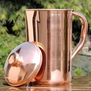 100% Pure Copper <b>Water</b> <b>Jug</b> <b>with</b> <b>Lid</b> Customizable Logo Drinkware for Home and Kitchen Composed of Metal Glass Brass - Product Image 3