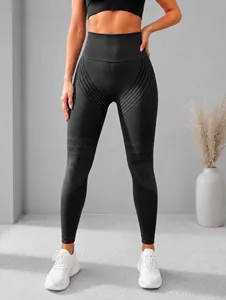 Leggings de yoga taille haute unis respirants, longueur intégrale, avec design froncé aux fesses en dentelle, sans couture, taille élastique, Spandex/Polyester - Product Image 2