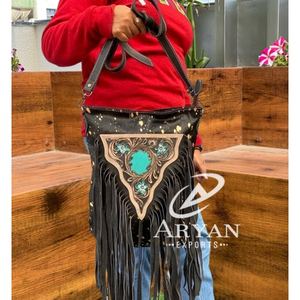 New Best Seller Hand Tooled Leather Western <b>Women</b> Crossbody Purse <b>Hair</b> on Cowhide Fringe Conceal Carry Genuine Leather Handbag - Product Image 1