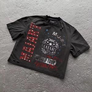 Camiseta Negra de Algodón 100% Tejido, Estampado DTG con Gráficos de Pedrería, Estilo Vintage, Personalizada, de Alto Gramaje, Lavado Ácido, Efecto Desgastado, Streetwear - Product Image 1
