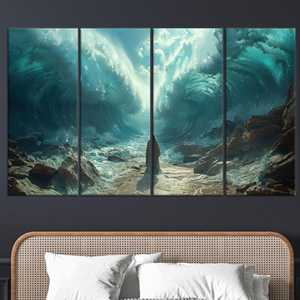 Arte en lienzo de Moisés partiendo del Mar Rojo: elegante impresión decorativa religiosa, JUEGO DE 4 LIENZOS - Product Image 1
