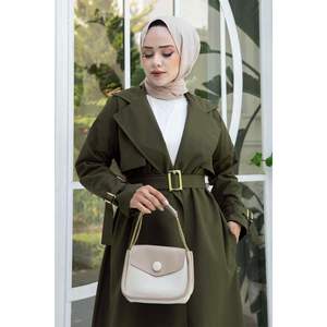 Gabardina de tela tejida con cinturón extraíble y mangas ajustables, color caqui, hecha en Turquía - Product Image 5