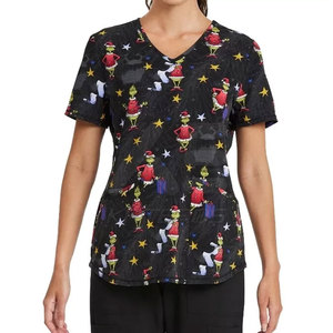Women's Black Grinch Print <b>Scrub</b> <b>Top</b> 100% Cotton Woven V-Neck Short Sleeve Hospital Uniforms KATBROS INDUSTRY - Product Image 2