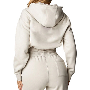 Custom Logo High Quality <b>Women</b> Sweat Suit Zip up Hoodie and <b>Jogger</b> Set Top Plain <b>Fleece</b> Heavyweight Cropped Tracksuit - Product Image 2