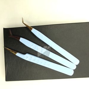 Pinzas Profesionales para Extensión de Pestañas de Acero Inoxidable Japonés con Logotipo Personalizado Azul Cielo, Punta de Diamante, Agarre de Fibra, Punta Dorada para Volumen - Product Image 5