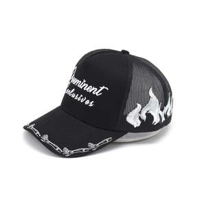 Custom Flame Embroidery logo Brim Printed logo Mesh Black Baseball Sports Trucker Hat - Product Image 3