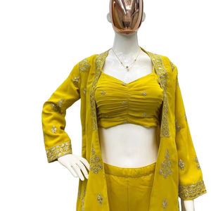Conjunto de Blusa y Pantalón Plazzo Estilo Koti con Bordado Múltiple en Tela Georgette Especial para la Ceremonia Sangeet Mehndi, Diseño Étnico Moderno para Fiestas de Novia - Product Image 1
