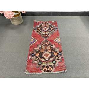 1.5x3.2 ft Vintage Rug, Turkish Rug, <b>Red</b> Bordered <b>Wool</b> Rug - Product Image 3