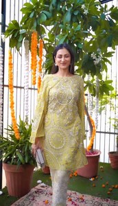 Estilo étnico indio doble manga amarillo Georgette bordado trabajo Kurti con Plazo conjunto para mujer traje tradicional para boda - Product Image 6